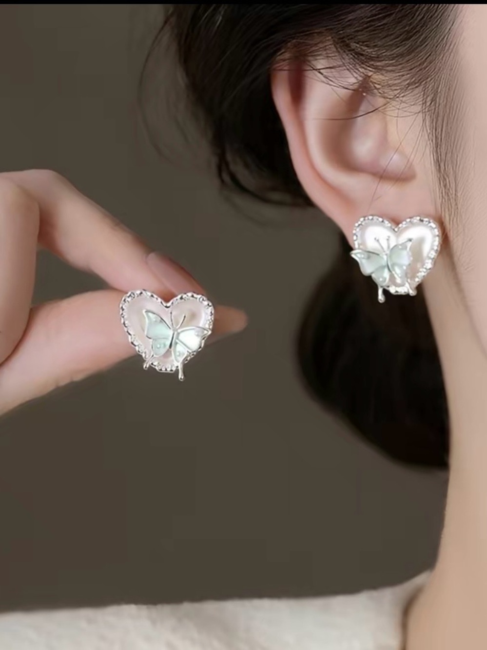 Silver Heart Butterfly Stud Earrings in Pale Green